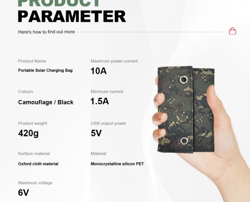The 50W 5-Fold Portable Solar Panel is your ideal outdoor power companion, combining high-efficiency monocrystalline solar cells with a compact 5-fold design. Available in classic black and tactic ( (3)