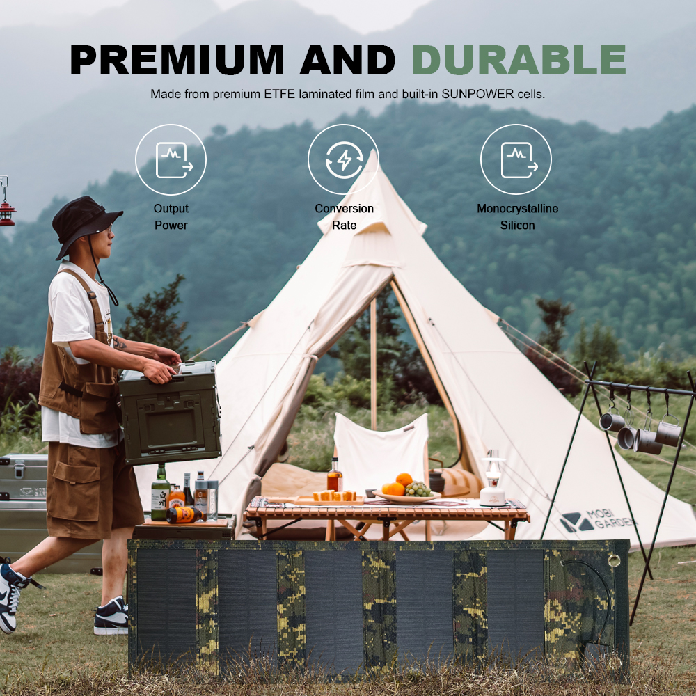 The 50W 5-Fold Portable Solar Panel is your ideal outdoor power companion, combining high-efficiency monocrystalline solar cells with a compact 5-fold design. Available in classic black and tactic ( (4)